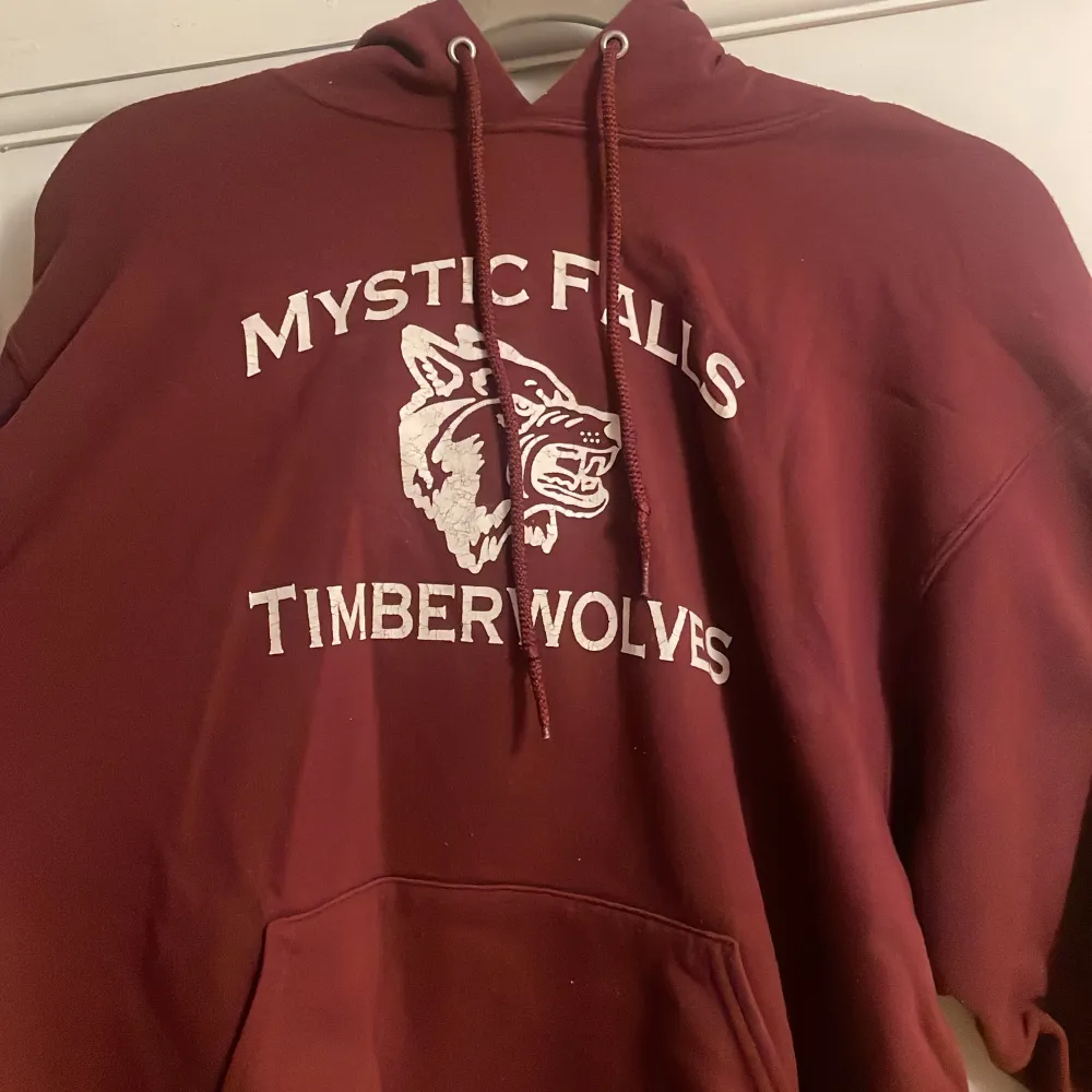 Säljer en vinröd hoodie med Mystic Falls Timberwolves-tryck på framsidan och 'Salvatore 17' på baksidan. Perfekt för höst och vinter med sin mysiga och varma känsla. Den har en klassisk känguruficka och justerbar huva med dragsko. Perfekt för alla Vampire Diaries-fans!. Hoodies.