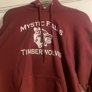 The vampire diaries tröja  - Säljer en vinröd hoodie med Mystic Falls Timberwolves-tryck på framsidan och 'Salvatore 17' på baksidan. Perfekt för höst och vinter med sin mysiga och varma känsla. Den har en klassisk känguruficka och justerbar huva med dragsko. Perfekt för alla Vampire Diaries-fans!
