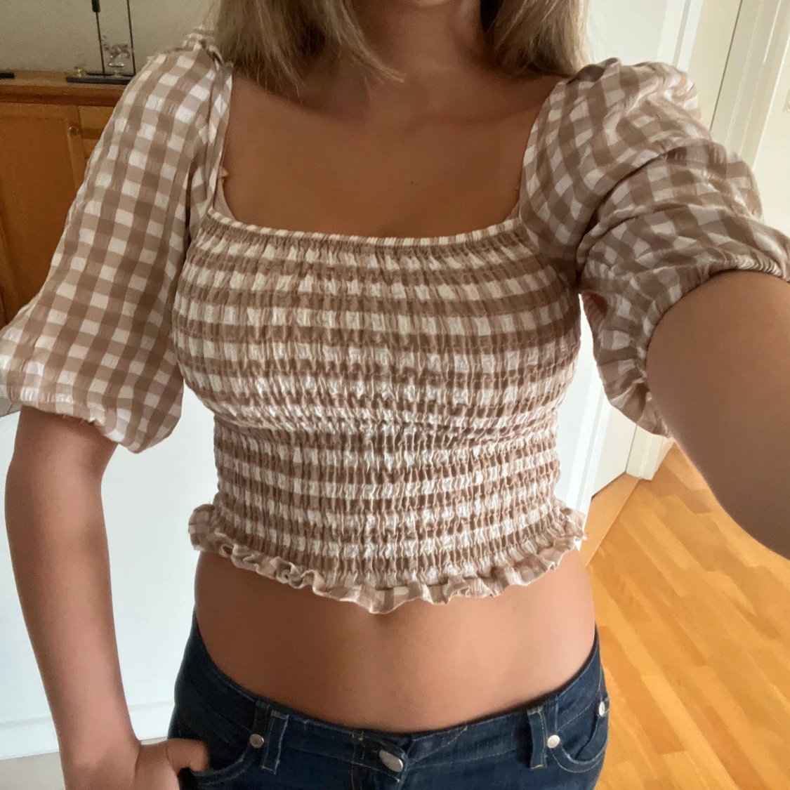 Beige och vit rutig blus - 90