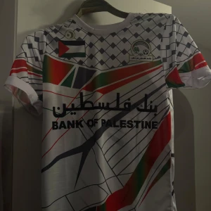 palestina fotbollströja - Vit kortärmad fotbollströja med palestinskt tema och mönster i svart, rött och grönt. Tröjan har texten 'Bank of Palestine' på framsidan och ett rutmönster upptill. 