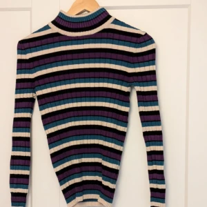 Randig ribbad turtlenecktröja från Dangerfield - Säljer en cool randig polotröja från Dangerfield, ett australiensiskt punkmärke ii färgerna lila, svart, beige och blå. Tröjan är ribbad och har långa ärmar, perfekt för en stilren look. Materialet är en blandning av viskos, nylon och polyester.