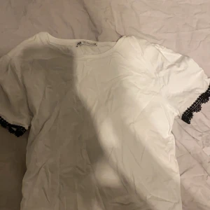 Vit t-shirt med spetsdetaljer från Zara - Säljer en stilren vit t-shirt från Zara med svarta spetsdetaljer vid ärmsluten. T-shirten är kortärmad och gjord i ett mjukt material.