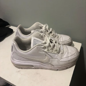 Vita Nike sneakers - Säljer ett par vita Nike sneakers med snörning och klassisk design. Skorna har en bekväm passform och är perfekta för vardagsbruk. De har en diskret Nike-logga på sidan och en vadderad plös för extra komfort.