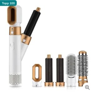 Multifunktionell hårstyler med tillbehör - Säljer en vit och guld multifunktionell hårstyler med flera tillbehör. Inkluderar olika borsthuvuden och locktillbehör för varierad styling. Perfekt för att skapa volym och lockar med enkelhet. Kvar i förpackning 