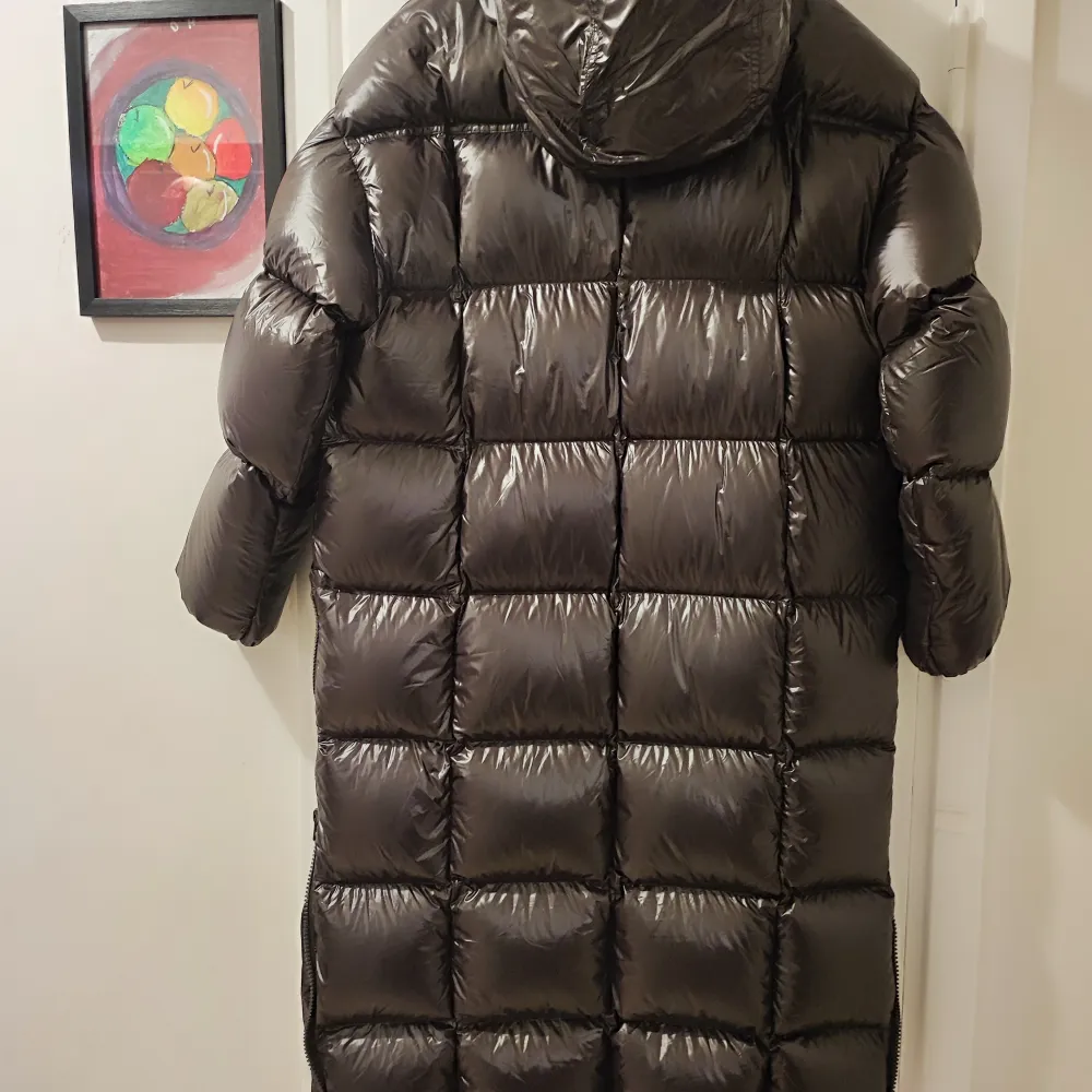Säljer en dunkappa med glansig finish och dragkedja framtill. Jackan har en quiltad design och en huva för extra värme. Perfekt för kalla dagar när du vill hålla dig varm och stilren.. Takit.