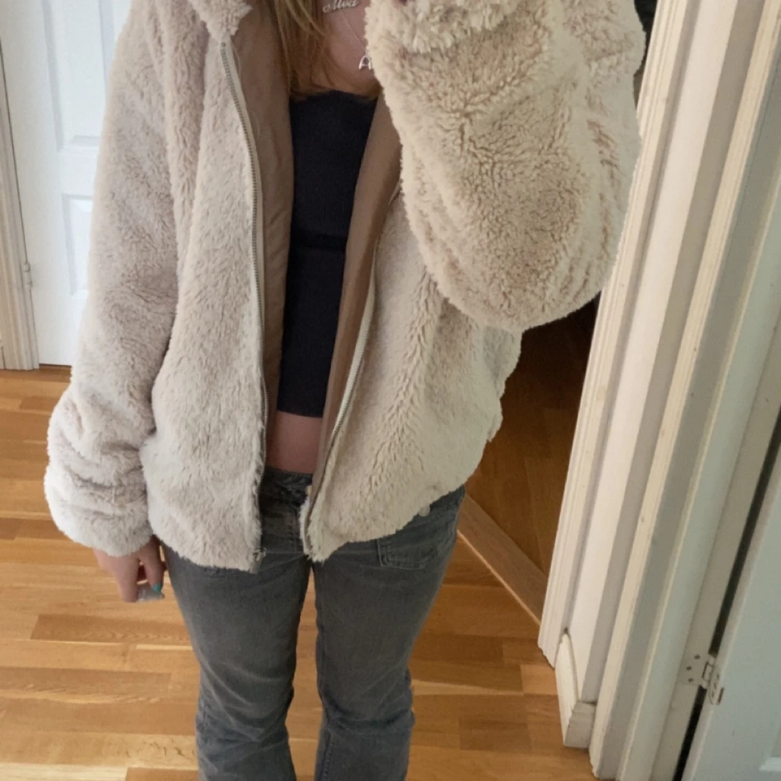 Beige teddyjacka med huva - 92
