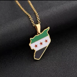 Free Syria Necklace - A necklace with the flag of the Syrian revolution flag and the Syrian map. It’s a golden color with the material stainless steel. 