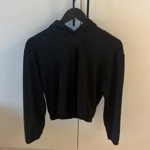 Säljer en stilren svart hoodie i perfekt skick (oanvänd). Den har långa ärmar och en klassisk huva. Resor vid midja och längst ner på armarna 