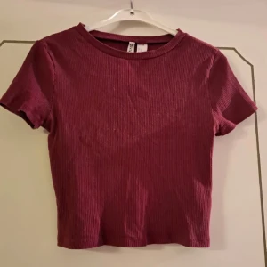 Vinröd ribbad topp från HM i storlek M - Vinröd ribbad topp från HM i storlek M. Toppen är kortärmad och har en croppad passform. Den är väldigt stretchig och i ett jätteskönt material.