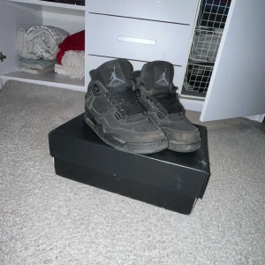  Jordan 4 black cats - Tjena, säljer ett par jordan 4 black cats. Anledningen till att jag säljer skorna är för att de ej kommer till användning och ligger bara i garderoben. Skorna är i använt skick men det är enkelt att tvätta. Det är en tidlös sko som är enkel att matcha o trendiga. Man får med box på köp, skriv för fler frågor eller bilder. Önskar er allt gott//Kevin