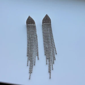 Glittriga silverörhängen med fransar - Snygga och eleganta örhängen i silver med glittriga detaljer och långa fransar. Perfekta för att ge en extra touch till din outfit. De har en spetsig topp och flera rader av glittrande kedjor som hänger ner.