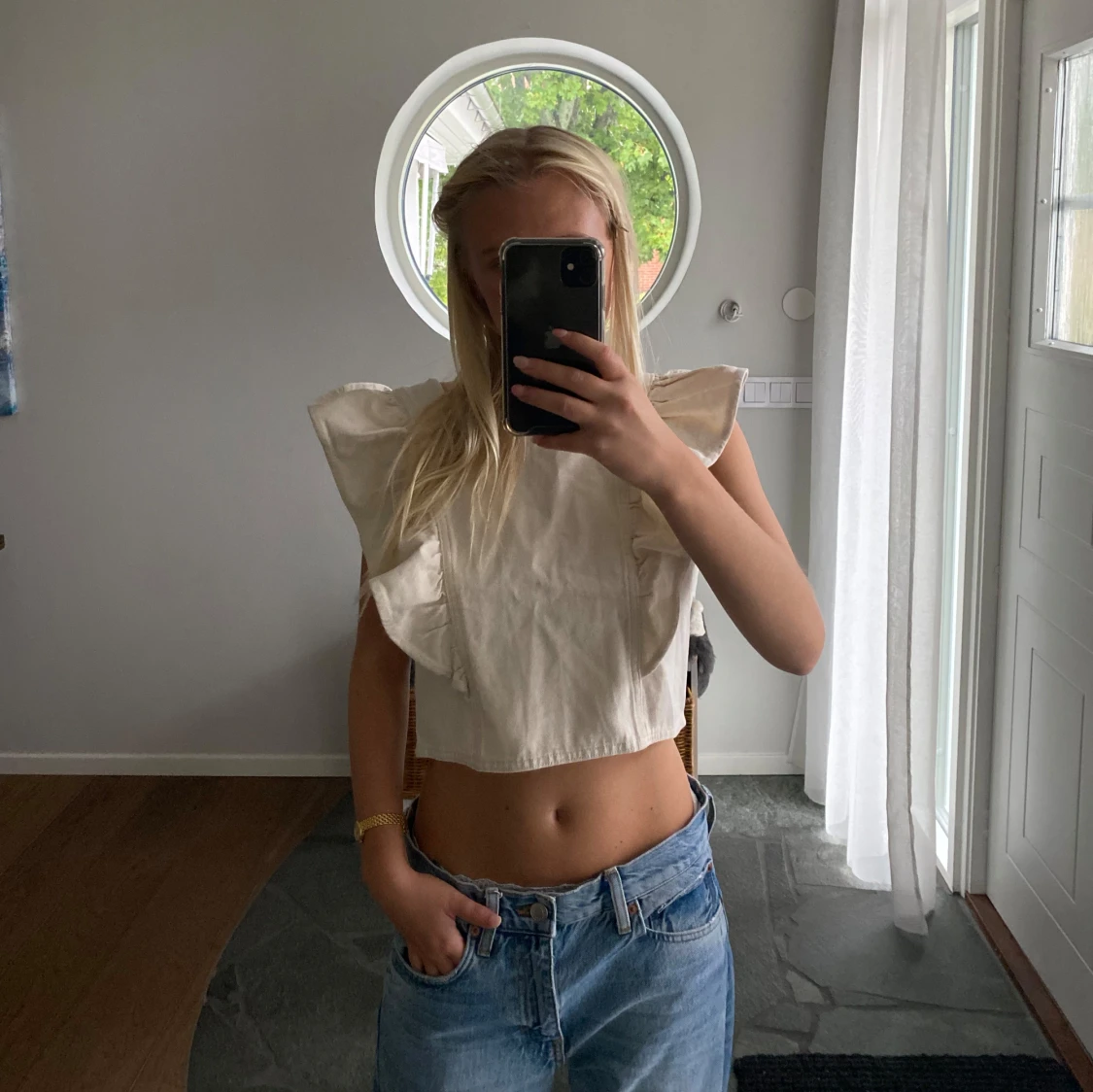 Jeans top med volang  - 90