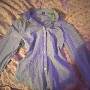 Blåvit randig skjorta - Snygg blåvit randig skjorta med knappar hela vägen fram. Skjortan har en klassisk krage och långa ärmar, perfekt för en stilren look. Passar både till jeans och kostymbyxor.
