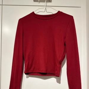 Röd och brun croppad tröja - Två snygga croppade tröjor! Den första är röd med långa ärmar. Den andra är brun och ribbad med en söt volangdetalj vid fållen. Båda är i bra skick. 2 st för 50 kr.
