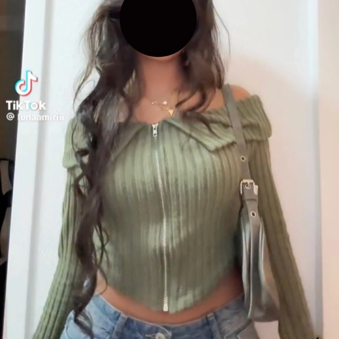 Olivgrön ribbad tröja med dragkedja - 91