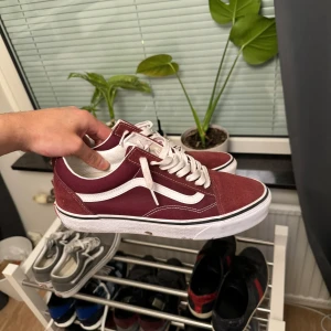 Vinröda sneakers från Vans - Säljer ett par snygga vinröda Vans sneakers i bra skick. De har den klassiska vita sidosymbolen och vita snören.