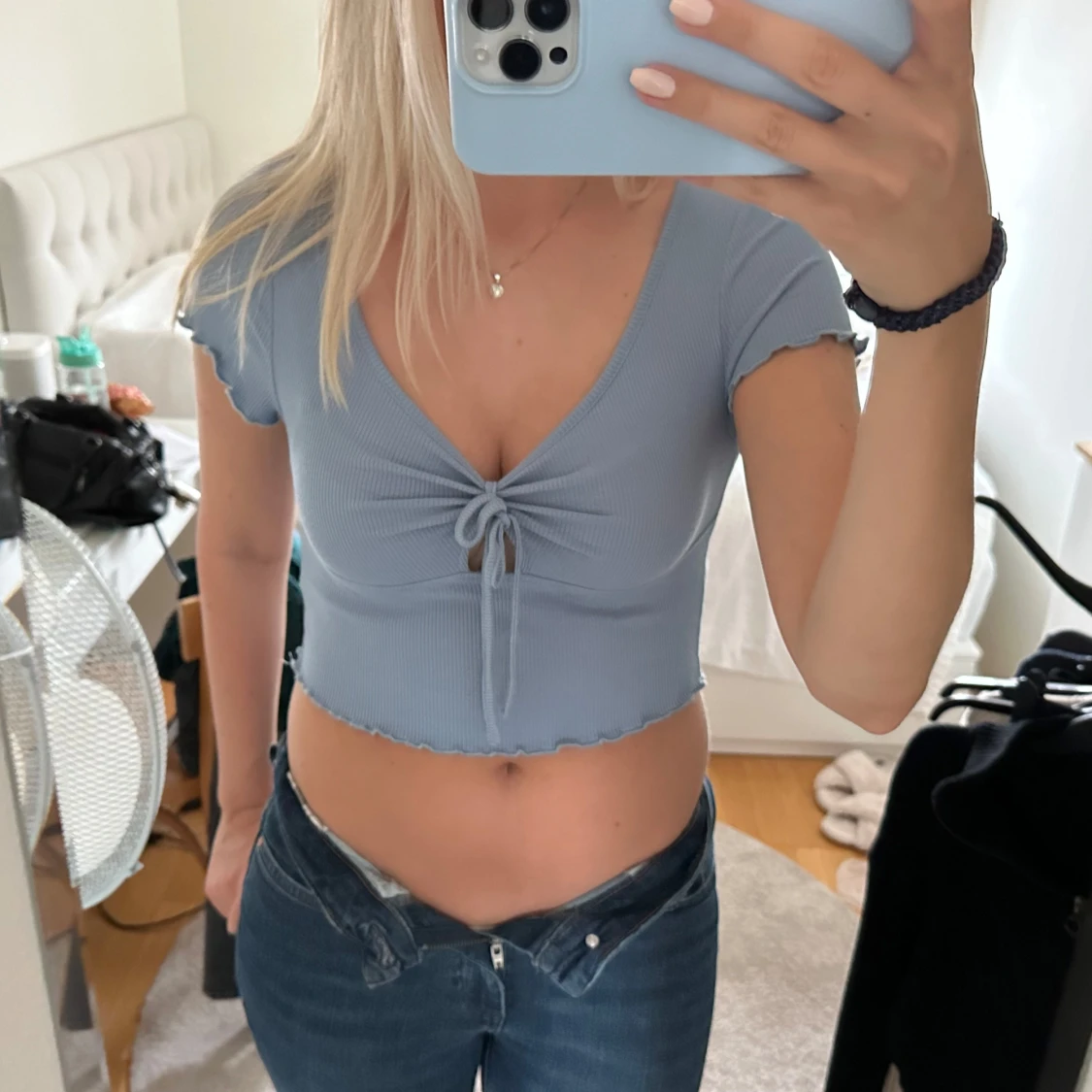 Ljusblå ribbad topp - 90