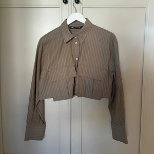 Brunrandig croppad skjorta från Zara - Säljer en croppad skjorta från Zara. Den har långa ärmar och knappar framtill. Skjortan är i bra skick och redo för en ny garderob!