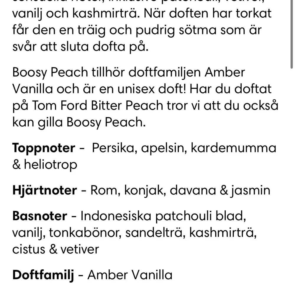 Säljer denna parfym från essnce, inspirerad av Tom Fords ”bitter peach”. Tycker ej den passar på mig så har knappt använts!🧡. Parfym.