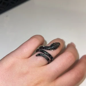 Svart ormformad ring - Unik svart ring i form av en orm som slingrar sig runt fingret. Ringen har en detaljerad design med textur som liknar ormskinn och små röda stenar som ögon. Perfekt för att ge en edgy touch till din stil.