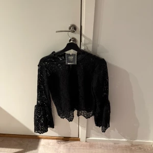 Svart spetsblus från Raglady - Snygg svart spetsblus från Raglady med långa ärmar och dragkedja baktill. Märket på blusen är golden days paris och  har en elegant spetsdesign, perfekt för en stilfull look. Den är croppad och har volangdetaljer vid ärmsluten. Nypris 599kr och aldrig använd, lappen sitter kvar. Storlek S💕köparen står för frakt💋