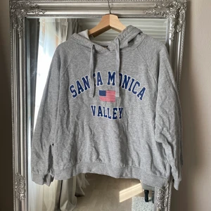 Grå hoodie - Grå hoodie med tryck från gina tricot, storlek XL men den är kort i modellen och passar mig som är M