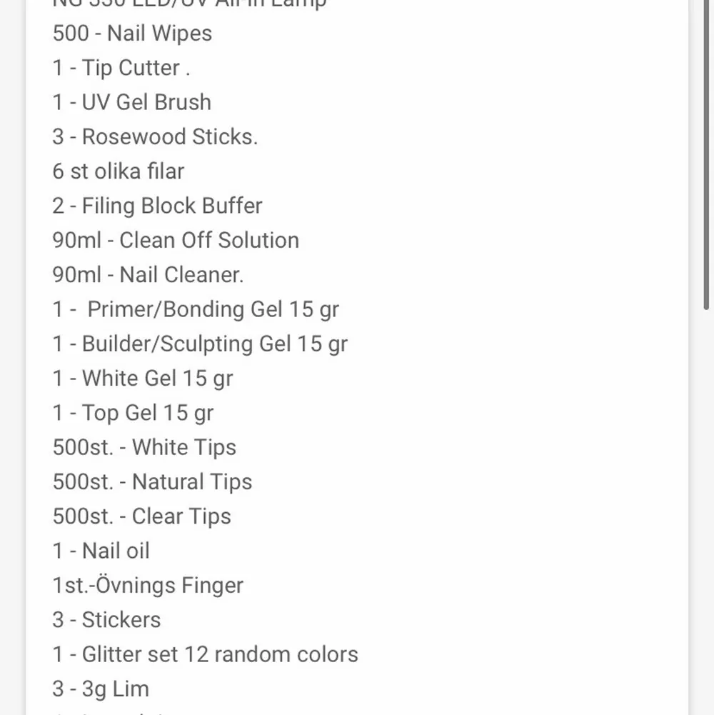 Hej! Jag säljer mitt nagelkit från nagelgiganten till någon som vill börja göra gelenaglar. Köpte in för 1700 och säljer för 1250 eftersom att den endast är använd en gång. Mycket fint men kom tyvärr aldrig till användning då jag inte hade tid. Går att köpa en/några produkter men skriv till mig så diskuterar vi pris isf💕. Övrigt.