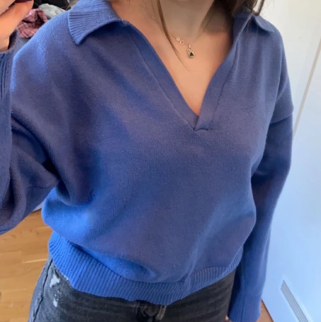 Blå stickad tröja  - 90