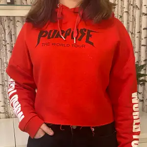 Croppad röd hoodie med purpose tour motiv. Avskuren midja och sparsamt använd 