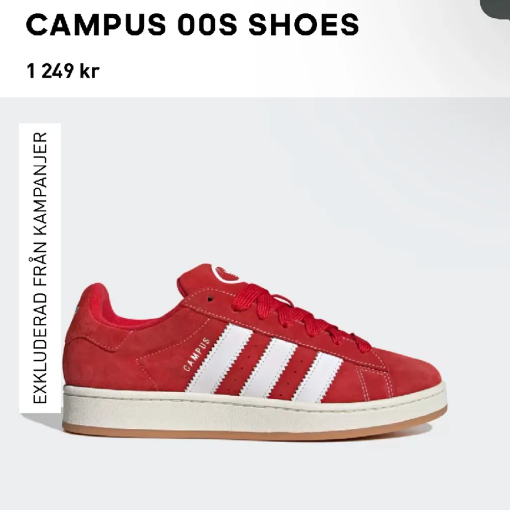 Säljer mina fina adidas campus skor då de var fel storlek, de är helt oanvända och box och kvitto följer med!!💞. Skor.