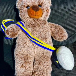 Nalle till studenten - Tips på att ge till student. Liten nalle, cirka 25 cm med studentmössa att hänga runt halsen. 