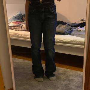 Mörkblå jeans.  Bootcut.  Stilen är från 2000 talet.  Lågmidjade.