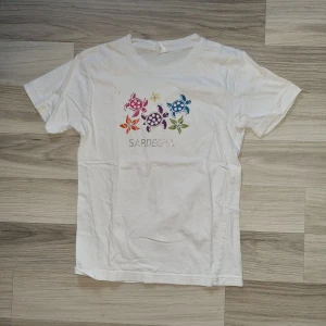 Vit t-shirt med färgglada sköldpaddor - En vit t-shirt med korta ärmar och ett tryck av färgglada sköldpaddor på framsidan. Texten 'Sardegna' är tryckt under sköldpaddorna. stl 146/152