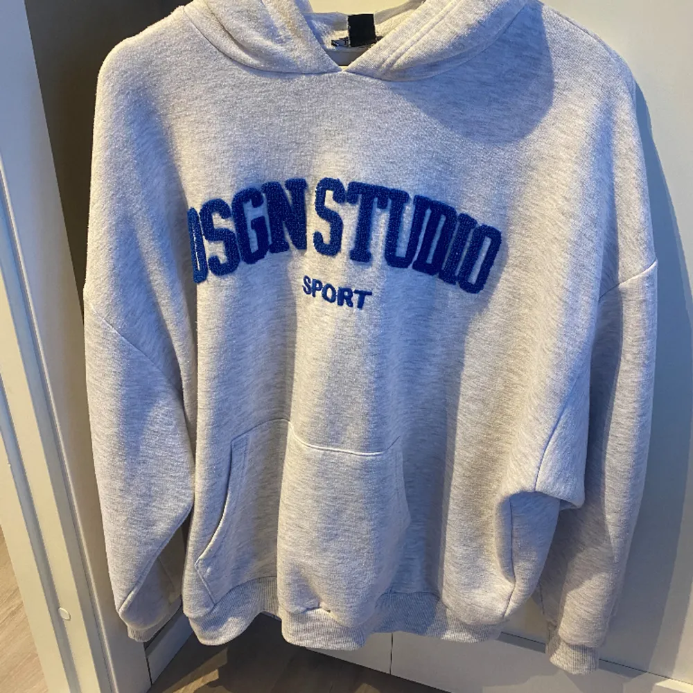 Säljer nu denna trendiga gråa hoodie med blå text som endast är använd 1 gång, den är i storlek L men sitter snyggt oversized på mig som är en S. Nypris: 500 kr. Hoodies.