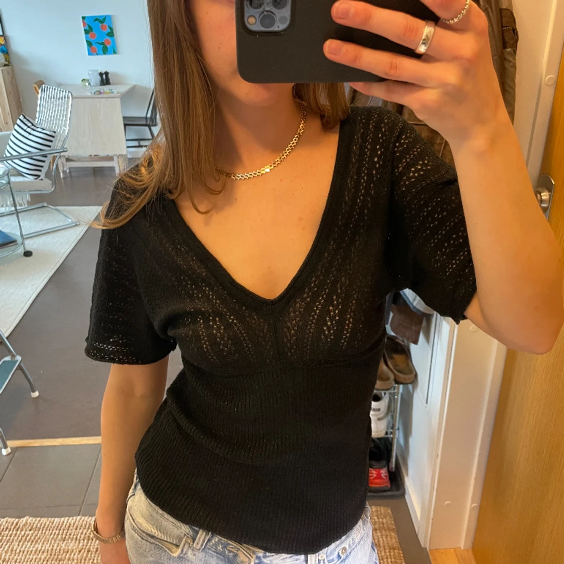 Stickad svart topp m lite glitter  - 91