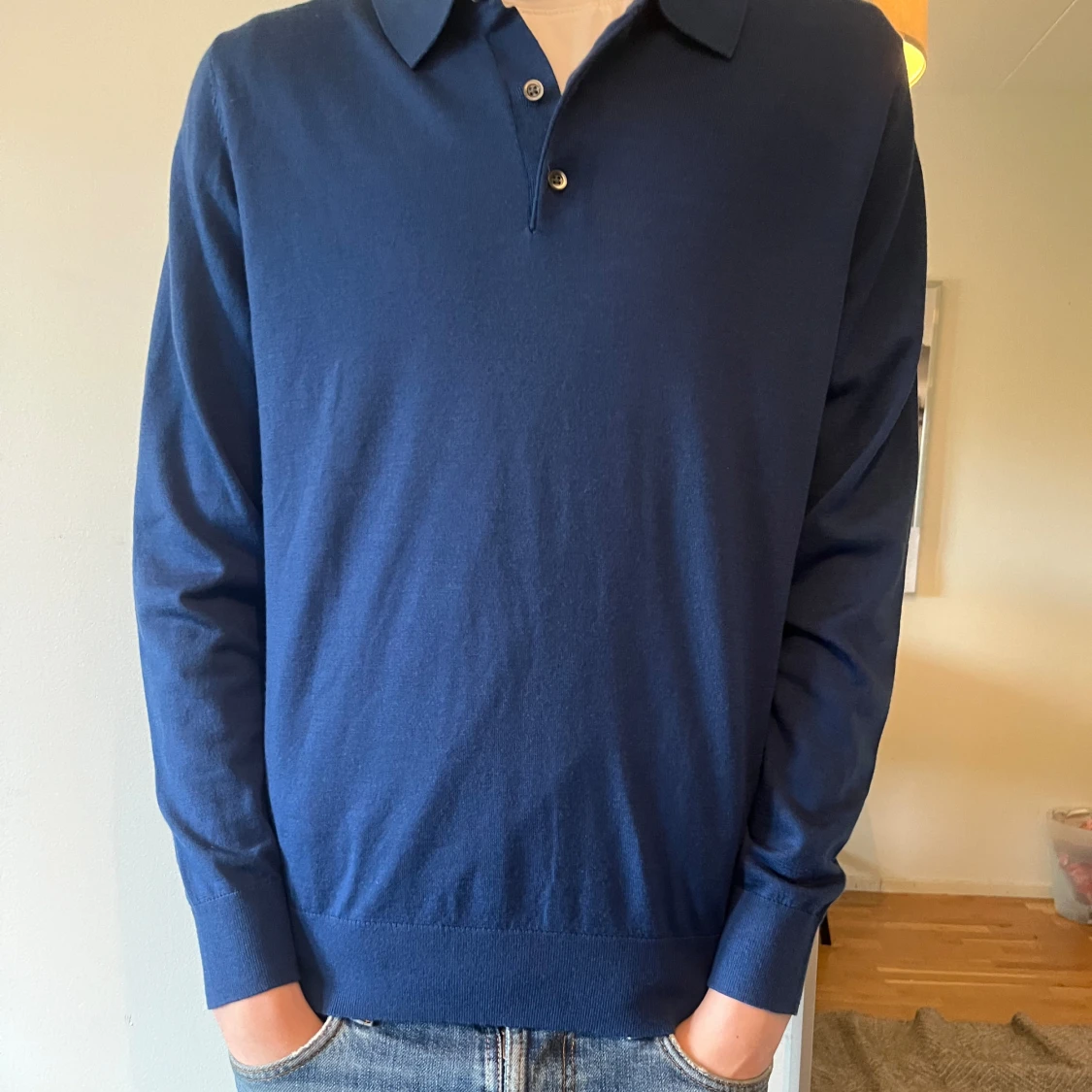 Blå långärmad piké  - 90