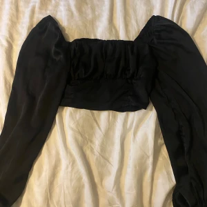svart topp - Silkes svart kort festlig topp i storlek 38, passar till alla årstider. Den har detaljer såsom elastisksk band på ryggen som gör att den lägger sig på kroppen efter din kroppstyp, den har även två knappar vid handleden. Otroligt fin topp!!