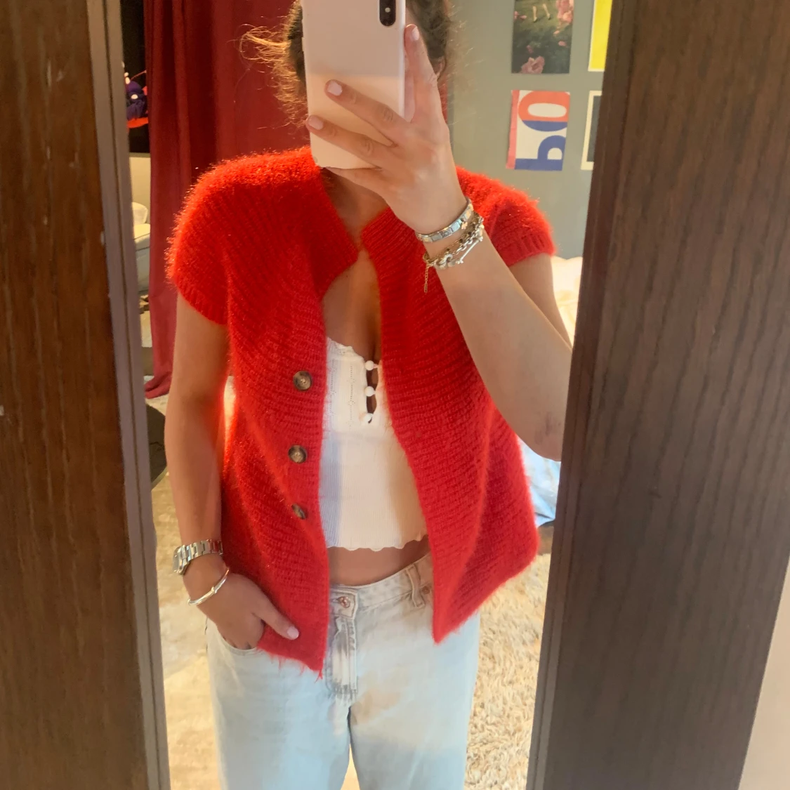 Röd stickad kofta  - 90