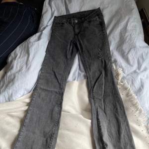 Ett par gråa bootcut jeans i storlek XXS/XS/S med hål på benet, väldigt långa ( går att diskutera priset)