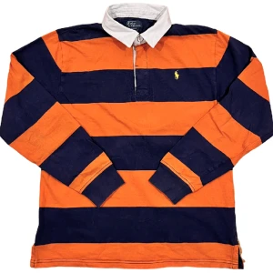 Ralph Lauren Kanye West Rugby Tröja - Orange och blå randig polo tröja från Ralph Lauren populariserad av Kanye West, storlek XL[18-20] passar Herr S.  Ställ gärna frågor!