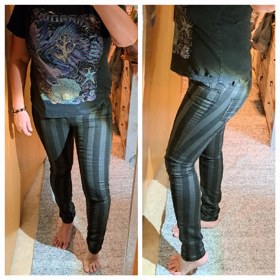 Randiga jeans i grått och svart