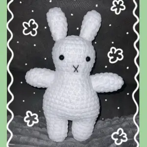 ✿ En mindre virkad kanin gjord av mig ✿ 100% mjuk polyester ✿ Ögonen är gjorda av hård plast ✿ ca 23 cm hög ✿ DM vid intresse (swish) eller ”köp nu” ✿ Dm vid frågor! ^^