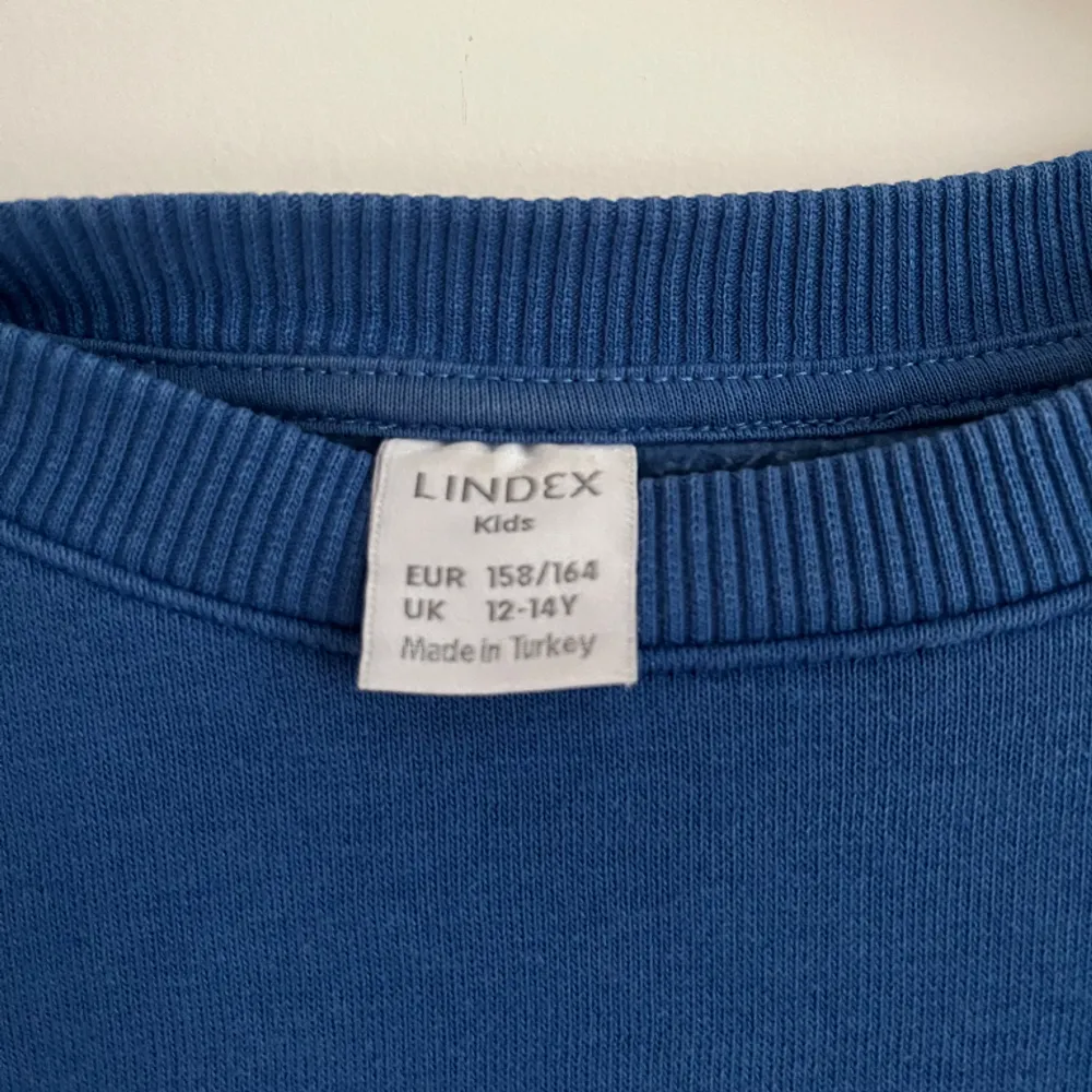 Sweatshirt från Lindex i jättefin blå färg nu till våren. Jättefint skick och knappt några tecken på användning. Storlek 158/164 men passar XS/S💕. Hoodies.