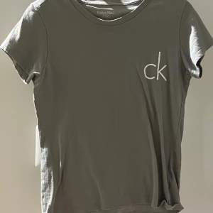 Calvin Klein t-shirt - CK tröja i en grå/grön färg. Tröjan är väl använd, se skick på bild 2. Skriv för mer information och bilder. TRYCK KNTE PÅ ”KÖP NU” UTAN SKRIV TILL MIG FÖRST!💗💗