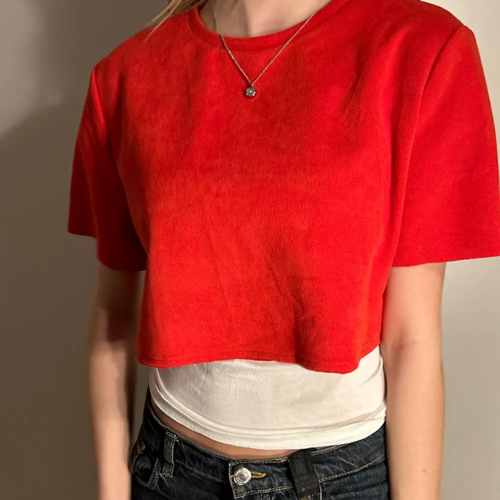 Croppad röd t-shirt i bra skick från Zara! Modellen har vanligtvis storlek S . T-shirts.