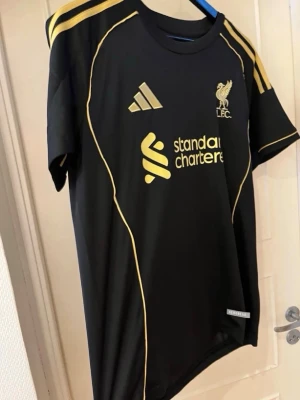 Svart Liverpool koncept T-shirt - Snygg svart tränings t-shirt från Adidas med Liverpool FC-logga och gula detaljer. Tröjan har gula ränder på axlarna, tryckt sponsorlogga och är tillverkad i ett lätt och ventilerande material. Perfekt för fotbollsträning eller gymmet.