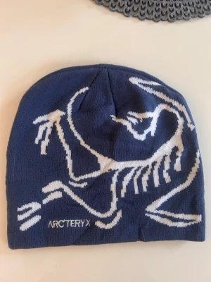 Blå mössa från Arc'teryx - Snygg blå mössa från Arc'teryx med vit grafisk dinosaurie-logga på framsidan. Tillverkad i mjukt, stickat material som sitter skönt på huvudet. Perfekt för dig som gillar outdoor och vill ha en stilren accessoar med tydlig logga.