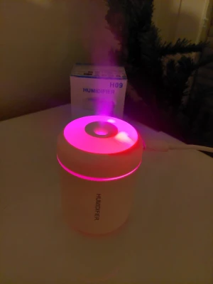 Luftfuktare H09 med LED-belysning - Säljer en kompakt luftfuktare i ljusrosa plast med cool LED-belysning som skiftar färg. Den är cylinderformad och ansluts via USB. Perfekt för att förbättra luftfuktigheten i rummet och skapa mysig stämning med färgat ljus.