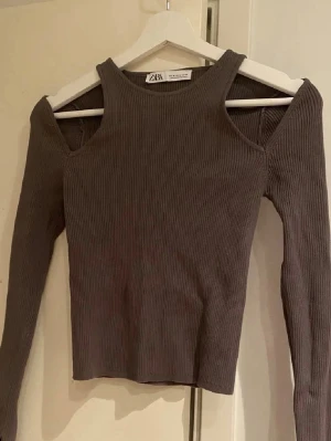 Ribbad brun topp med cut out från Zara - Trendig ribbad brun topp från Zara med långa ärmar och coola cut out-detaljer vid axlarna. Modellen är croppad och har en tight passform som framhäver figuren. Perfekt för dig som vill sticka ut med en edgy stil. Inga deftekter liten i storlek 