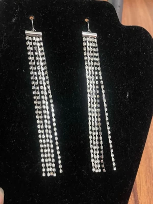 Långa silverfärgade strassörhängen - Säljer ett par långa, glittriga örhängen med flera rader av silverfärgade strasspärlor. Örhängena har en hängande design och ger ett riktigt statement-utseende. Perfekta för dig som gillar att sticka ut med accessoarer.